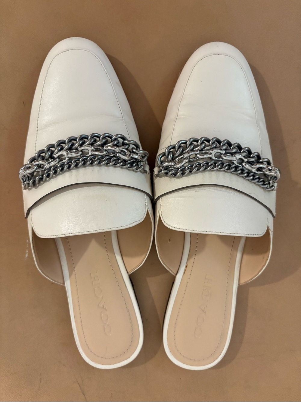 Coach White Leather Chain-Trim Backless Loafers